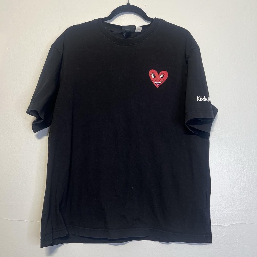 H&M x Keith Haring Heart Face‎ Relaxed Fit Black T-Shirt Size L Flawed